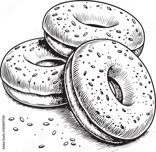 Bagels Breakfast Buns Black and White Vector Illustration, Sketch Drawing Line Linear Symbol Icon Engraving, Hand-drawn Isolated