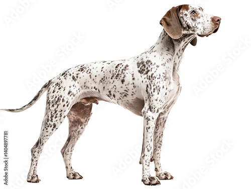 A standing Dalmatian dog, with distinctive black spots on white coat, isolated on a white background.