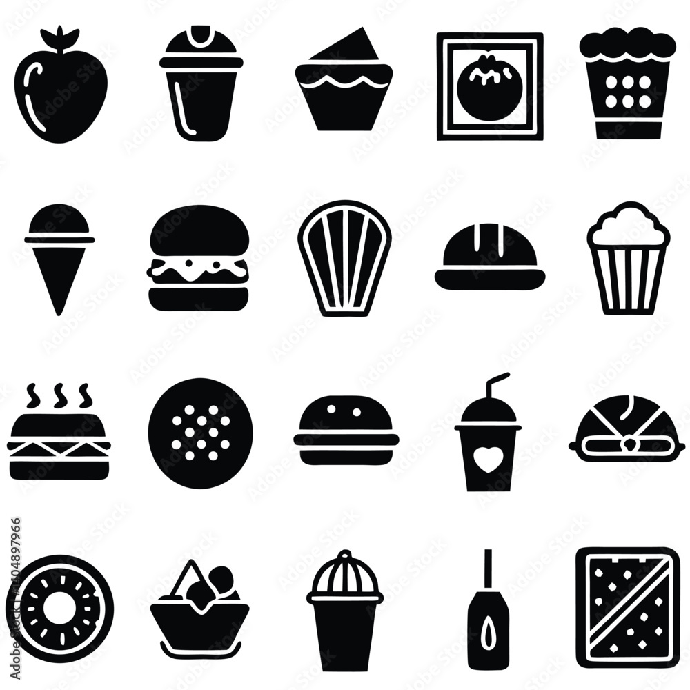 Vector food and drink icons set including coffee, tea, pizza, burger, cake, and more for restaurant and fast food menu designs Vector food and drink icons set including coffee, tea, pizza, burger, cake, and more for restaurant and fast food menu designs