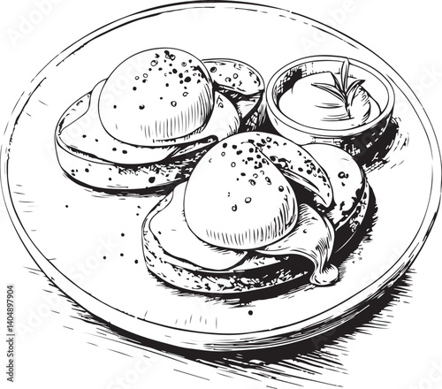 Poached eggs Black and White Vector Illustration, Sketch Drawing Line Linear Symbol Icon Engraving, Hand-drawn Isolated
