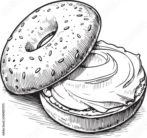 Bagel with Cream Cheese Black and White Vector Illustration, Sketch Drawing Line Linear Symbol Icon Engraving, Hand-drawn Isolated