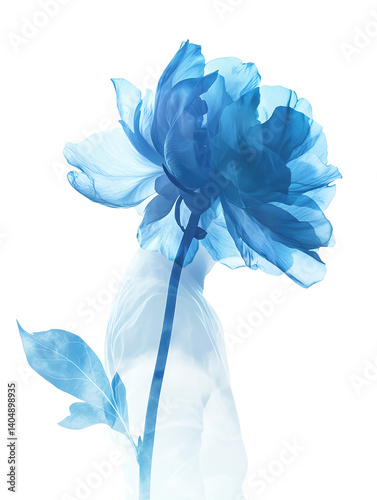 A stunning blue flower elegantly intertwined with a soft silhouette on a white isolated background.