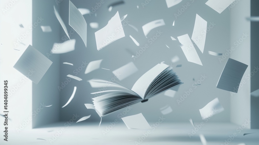 Fototapeta premium Floating book and scattered pages create a dreamy atmosphere in a minimalist setting