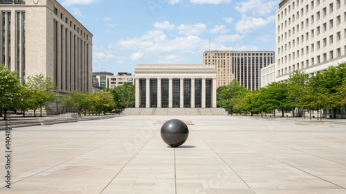 A large black sphere sits in the middle of a large open plaza.