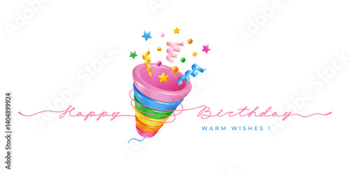 Happy Birthday card template. Calligraphy lettering by continuous line, 3d realistic party popper with colorful confetti. Birthday concept. Happy Birthday text design. Isolated vector illustration