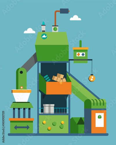 A specialized screening machine separates and sorts different types of waste allowing for more efficient disposal and recycling processes.. Vector illustration