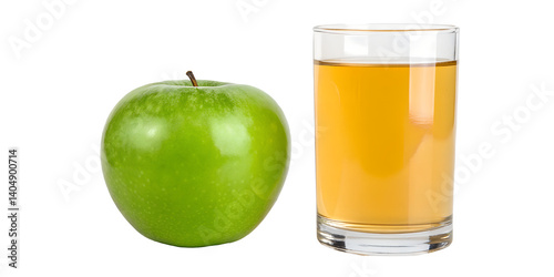 Green apple and juice in a glass on a white surface, fresh fruit, apple juice, healthy drink, green apple