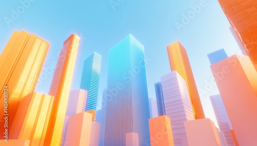 Low-angle view of a vibrant cityscape with colorful, stylized skyscrapers against a clear blue sky.  Highly stylized,  modern architecture in a variety of pastel colors