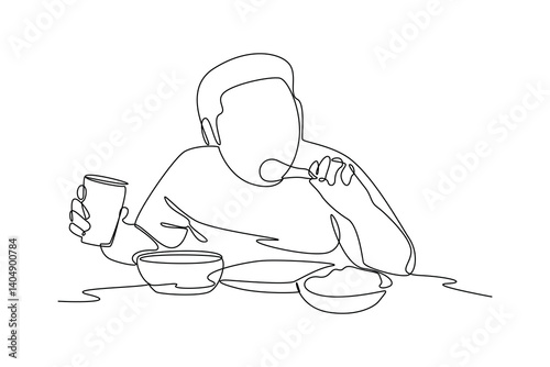 One single line drawing of Individuals gorge on heaps of food in mukbang streams. Food vlogger minimalist concept. Food reviewer.