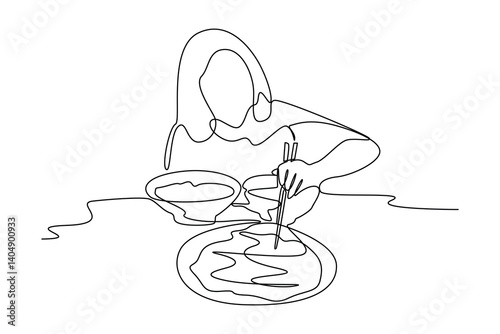 One single line drawing of Massive food consumption is the highlight of mukbang broadcasts. Food vlogger minimalist concept. Food reviewer.