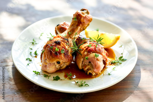 Roasted Chicken Drumsticks With Lemon And Herbs On A White Plate