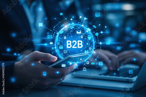 Business B2B communication concept with digital globe and technology icons, futuristic style, on a blurred office background. Concept of business networking. Ai generative