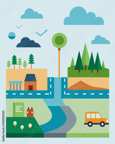 An environmental impact assessment was carried out on a proposed road construction project taking into consideration potential noise and air pollution and the impact on nearby. Vector illustration