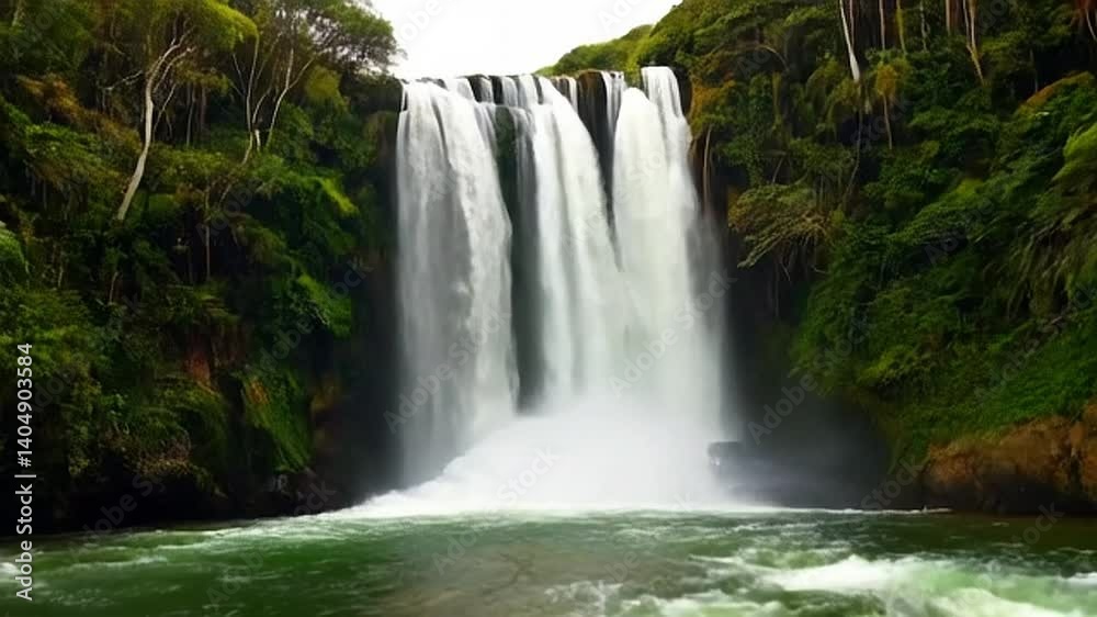 Cascading Waterfall Flowing in Lush Green Jungle Landscape Cascading Waterfall Flowing in Lush Green Jungle Landscape