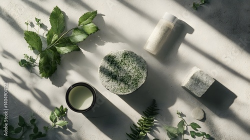 Natural Skincare Products Flatlay with Green Leaves and Sunlight