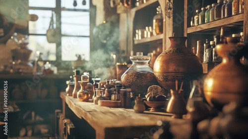 Vintage alchemy lab filled with copper stills and glassware
