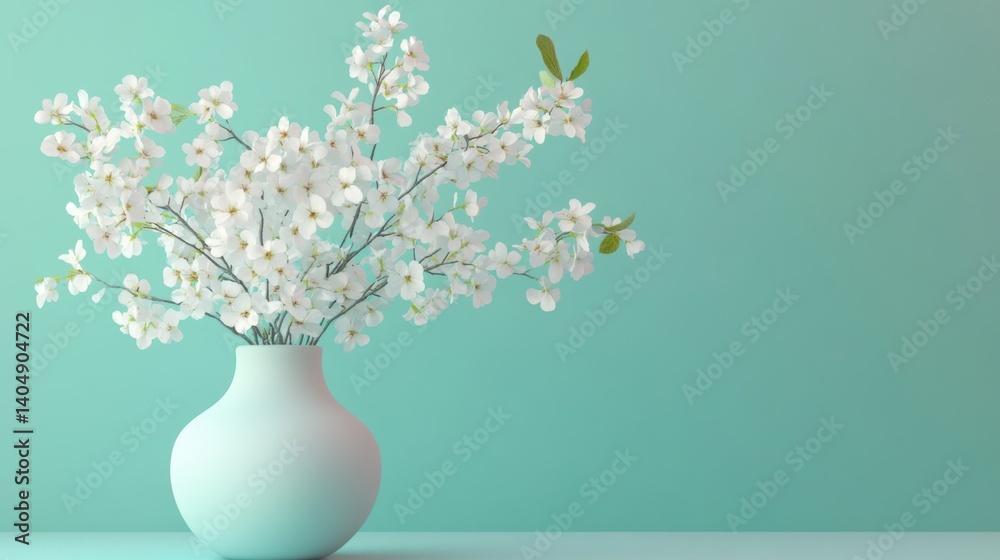 Blooming cherry tree branch in vase on turquoise background Blooming cherry tree branch in vase on turquoise background
