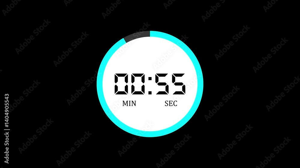 Digital countdown timer animation of 1 minutes on Black background, 1 minutes digital countdown timer animation