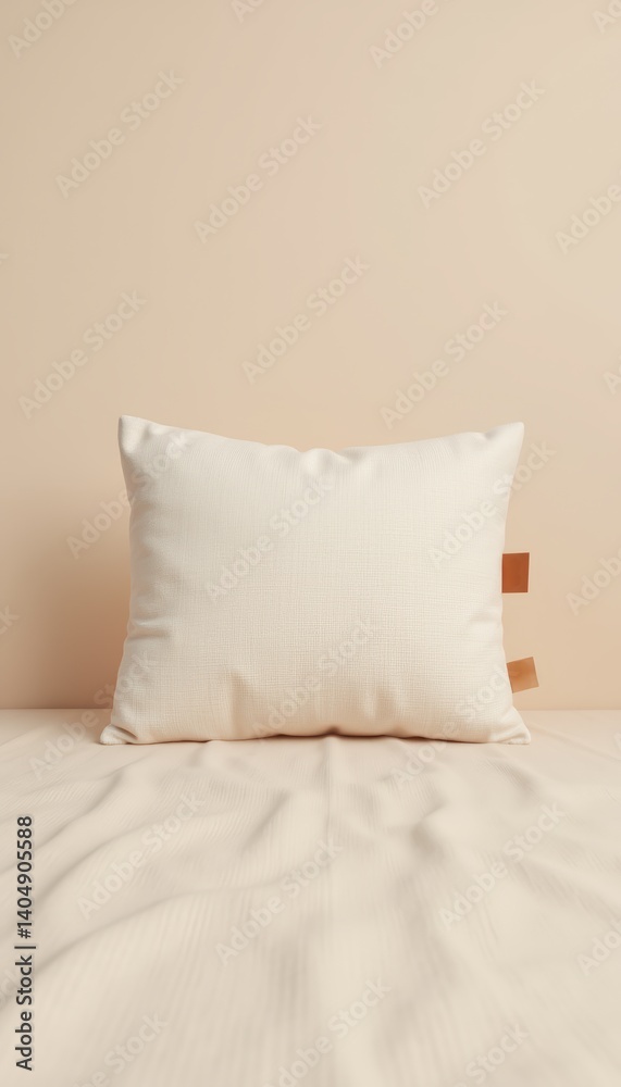 Obraz premium Soft white cushion on a minimalistic bed against a beige wall 