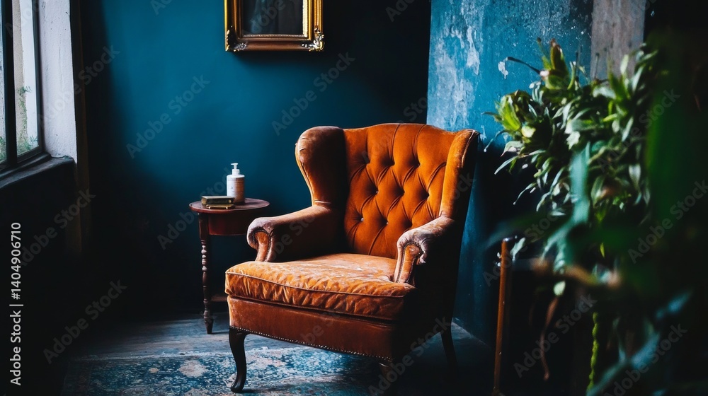 Vintage orange armchair in moody classic interior