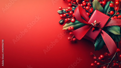 Red Christmas Gift Box with Holly Berries on Red Background Festive Holiday Design