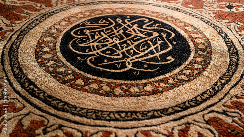 Obraz premium view of a Middle Eastern carpet with symmetrical motifs, with Arabic calligraphy etched into the center of the design, blending art and culture 
