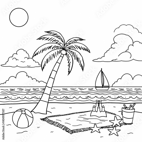 Beach Scene Tropical Paradise Palm Tree Sailboat Ocean Waves Sun Umbrella Towel Sand Castle Seagull Line Drawing