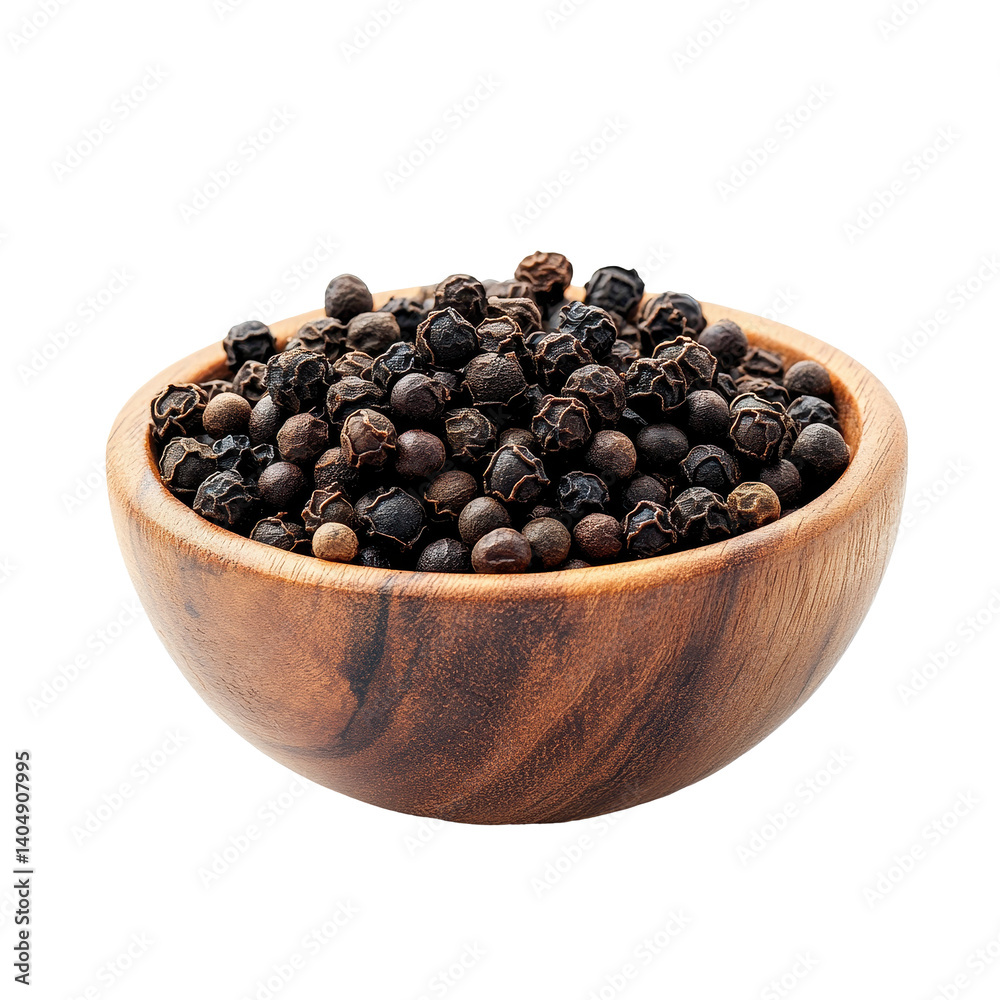Peppercorns in a wooden bowl isolated on a Transparent background showcasing their rich texture, peppercorn in wood bowl isolated on PNG background Peppercorns in a wooden bowl isolated on a Transparent background showcasing their rich texture, peppercorn in wood bowl isolated on PNG background