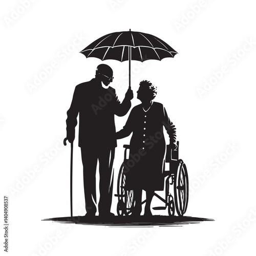 Old couple under umbrella Vector - Old couple under umbrella Silhouette - Old couple under umbrella Illustration.