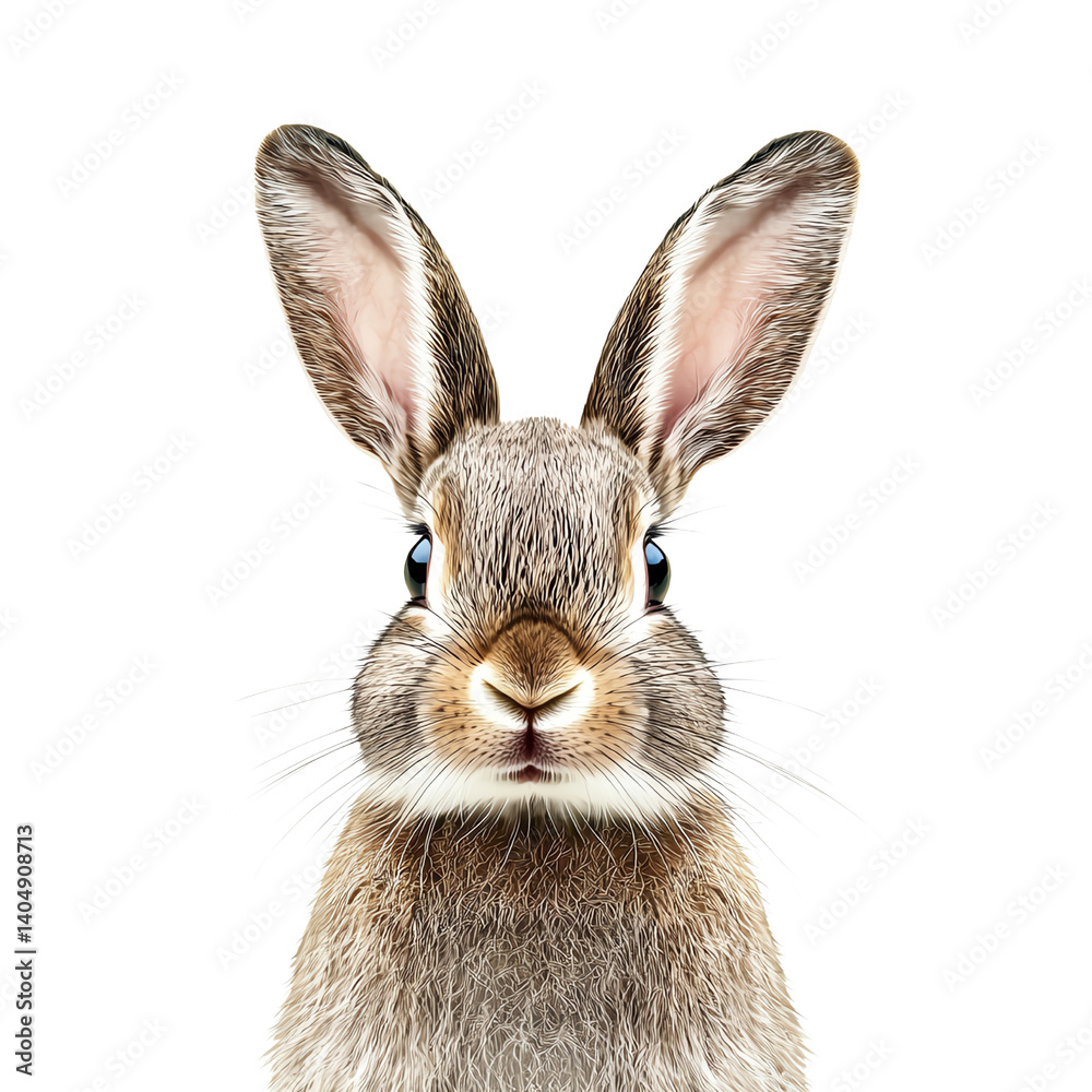 Fototapeta premium Close-up of a cute rabbit with big ears, isolated on a white background.