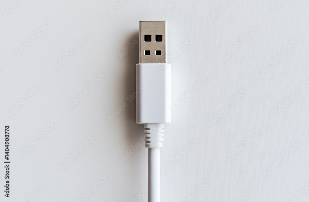 Close-up View of a White USB Cable Connector on a Plain Surface for Technology and Connectivity Concepts Close-up View of a White USB Cable Connector on a Plain Surface for Technology and Connectivity Concepts