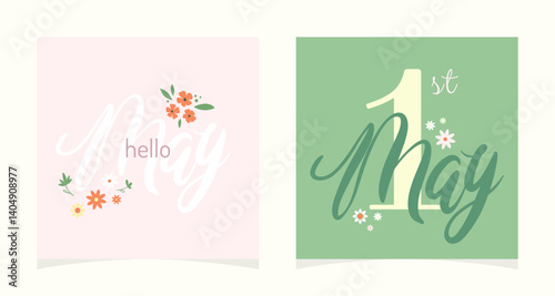 Set of cute spring cards with flowers and lettering Hello May! Hand drawn flowers. Decoration floral. Spring vector Illustration month may