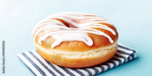 A glazed doughnut sits on a blue and white cloth. The doughnut is covered in a thin layer of icing, and it looks delicious
