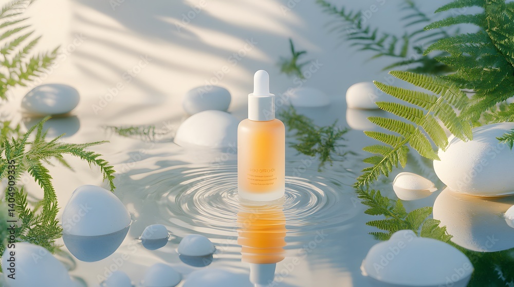 Amber Serum Bottle in Serene Water Setting with Stones and Ferns Amber Serum Bottle in Serene Water Setting with Stones and Ferns