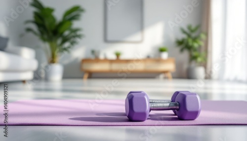 A purple dumbbell rests on a yoga mat in a spacious room filled with natural light and greenery, creating a calming workout environment