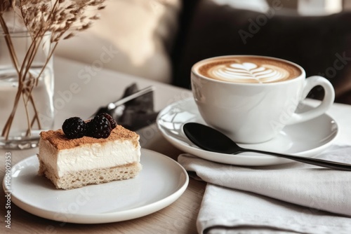 Indulging in a creamy dessert topped with berries beside a beautifully crafted cup of coffee in a warm and inviting cafe setting