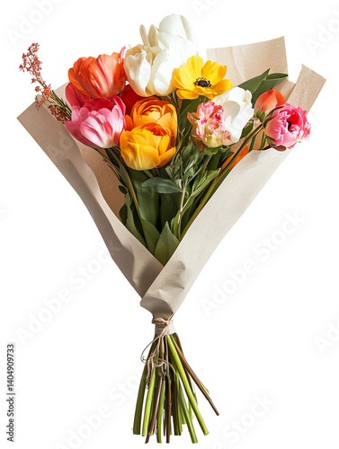 Colorful bouquet of mixed flowers wrapped in brown paper.