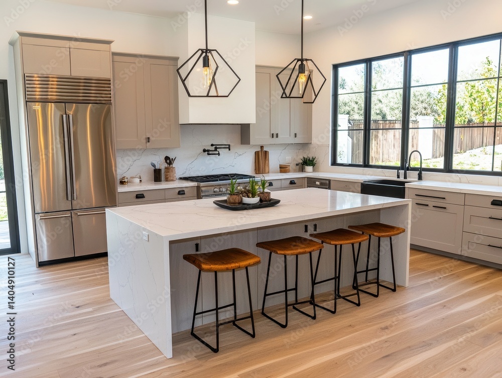 Fototapeta premium Bright kitchen featuring a large island, quartz countertops, barstools, stainless steel fridge, and modern pendant lights. 