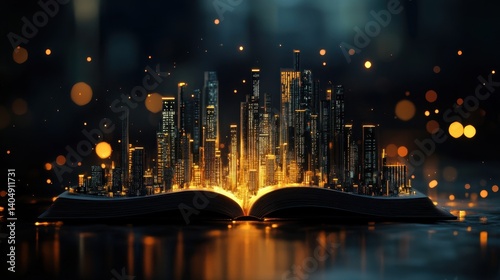 Futuristic city emerging from open book with golden lights