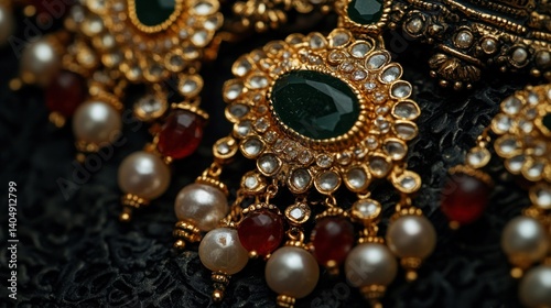 Exquisite gold jewelry with emeralds and pearls on patterned backdrop