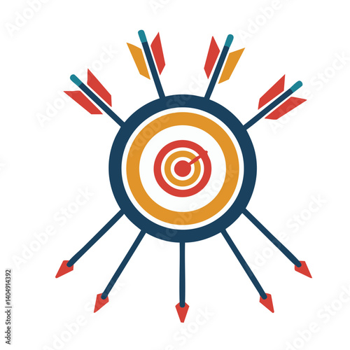 Colorful archery target with multiple arrows striking bullseye representing success, focus, and achievement in various sports or competitive activities