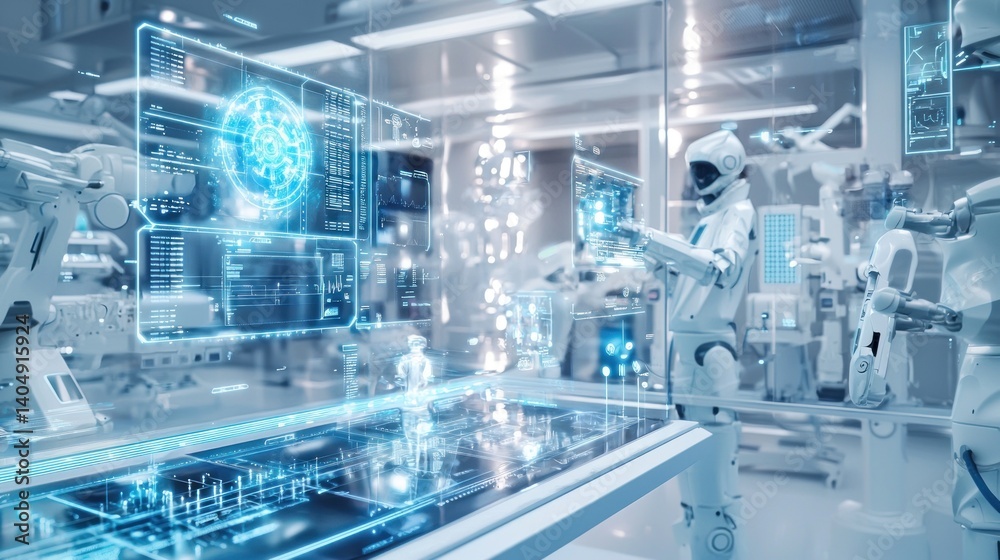 Fototapeta premium Futuristic Factory: A Humanoid Robot Interacts with Advanced Holographic Technology