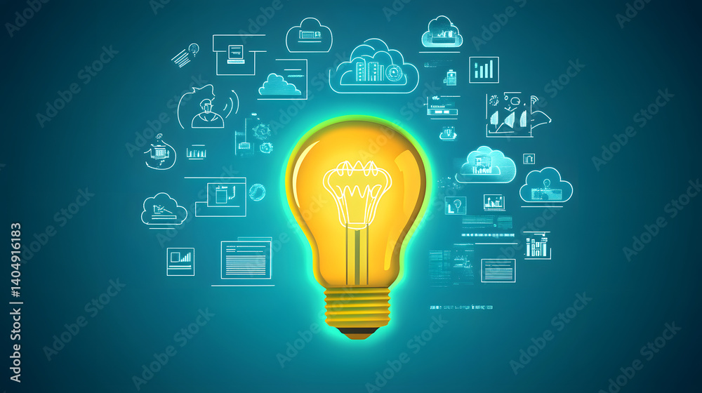 Illuminating the Future: A glowing light bulb radiates ideas against a backdrop of interconnected data symbols and cloud structures, signifying innovation and the power of technology. Illuminating the Future: A glowing light bulb radiates ideas against a backdrop of interconnected data symbols and cloud structures, signifying innovation and the power of technology.