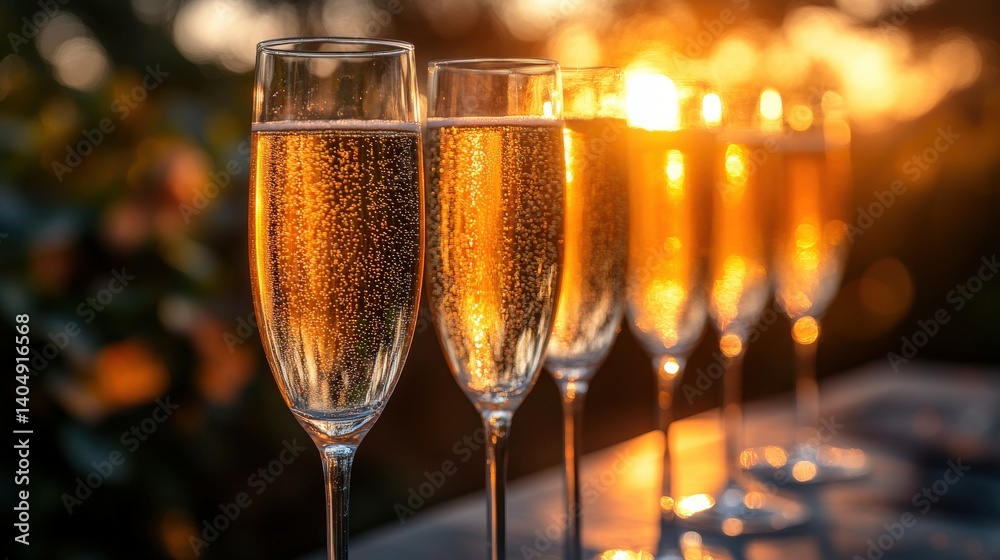 Glimmering champagne flutes lined up at sunset, capturing a celebratory moment outdoors