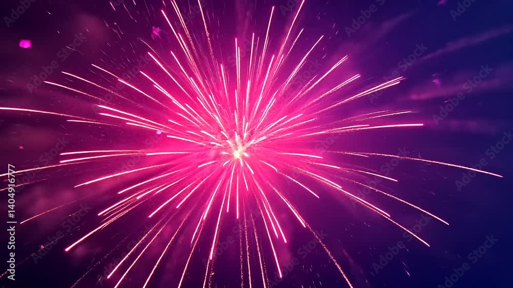 Vibrant red fireworks burst dramatically against a dark blue, wispy, smoky background