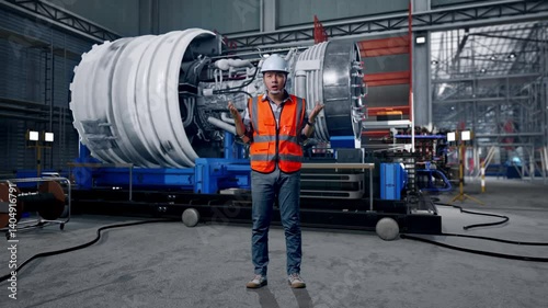 Full Body Of Wondering Asian Male Engineer With Safety Helmet Saying Why Working Doubtfully With Airplane Engine Maintenance Conducted, Analytics Checking the Turbine
