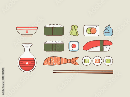 Sushi Set Icon: A cheerful and vibrant collection of sushi icons, perfect for use in restaurant menus, culinary publications, or food-related digital projects.