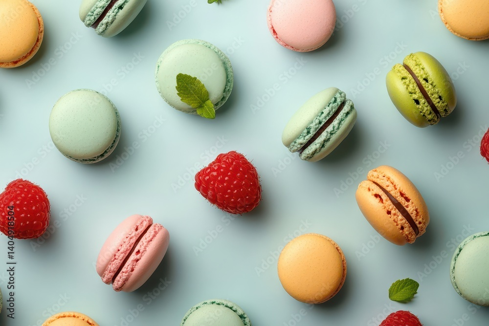 Colorful macarons and raspberries Colorful macarons and raspberries
