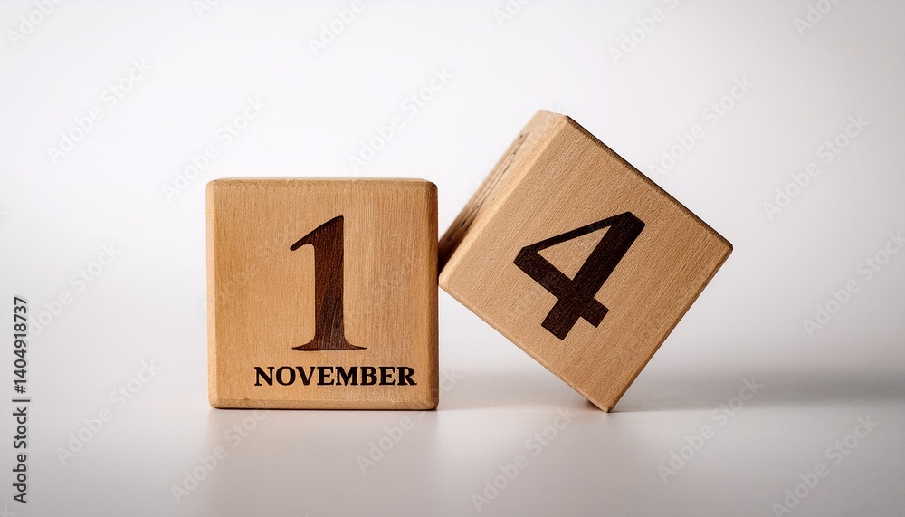 Minimalist photo of wooden blocks with date 14 November. Day and month, calendar on white background Minimalist photo of wooden blocks with date 14 November. Day and month, calendar on white background