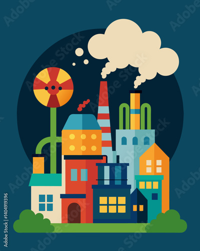 The putrid smell of chemical emissions from factories suffocating the nearby community and tainting the water supply.. Vector illustration
